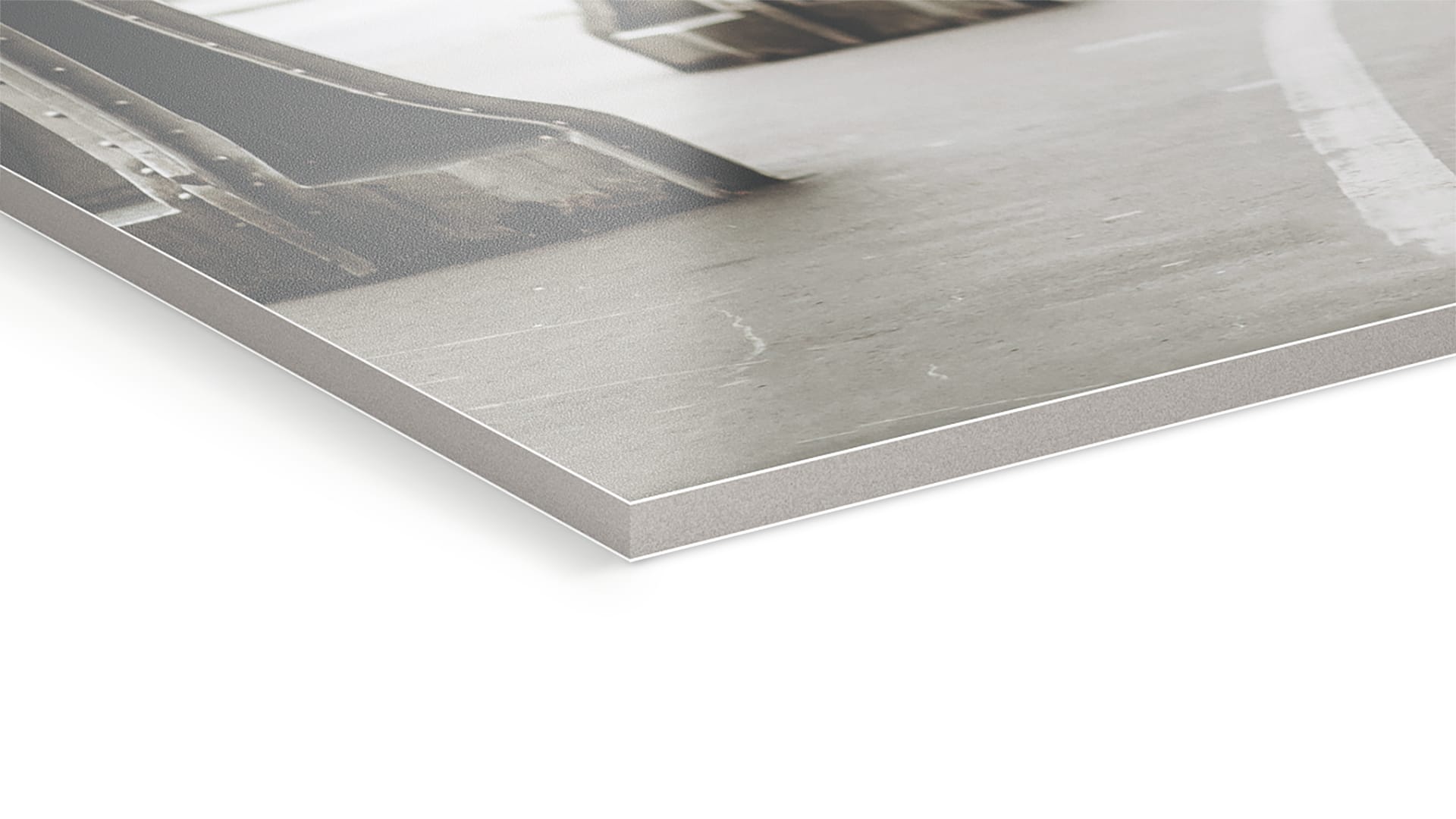 direktdruckowl Weichschaumplatte als Detail liegend Materialdetail im Direktdruckverfahren gefertigter leichter, glatter und matter Weichschaumplatte, liegend