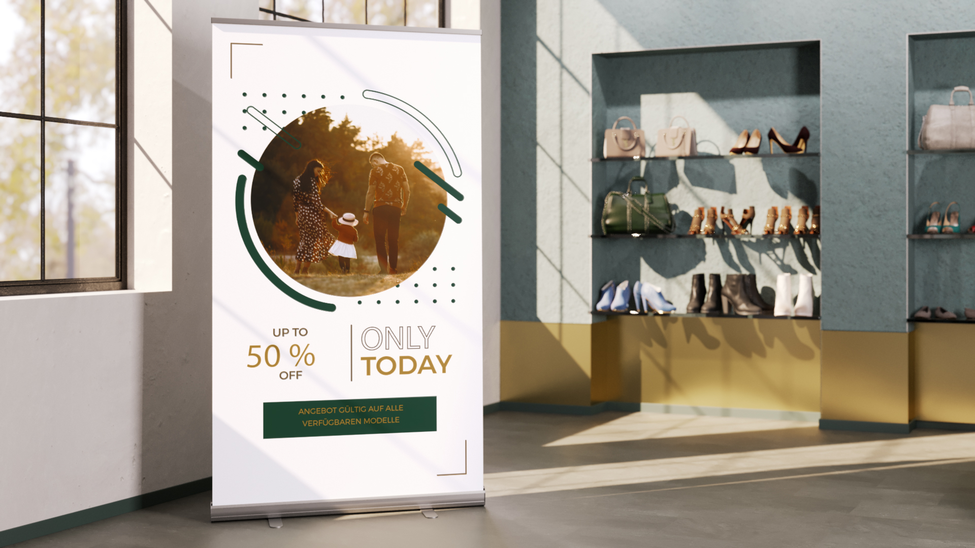 Heller Verkaufsraum für Schuhe und Taschen mit RollUp mit Sale-Motiv im Vordergrund